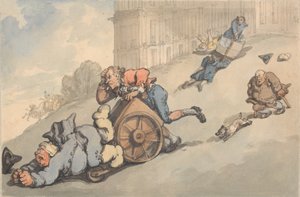 バスの快適さ-痛風の人は急な丘に落ちる 作： Thomas Rowlandson